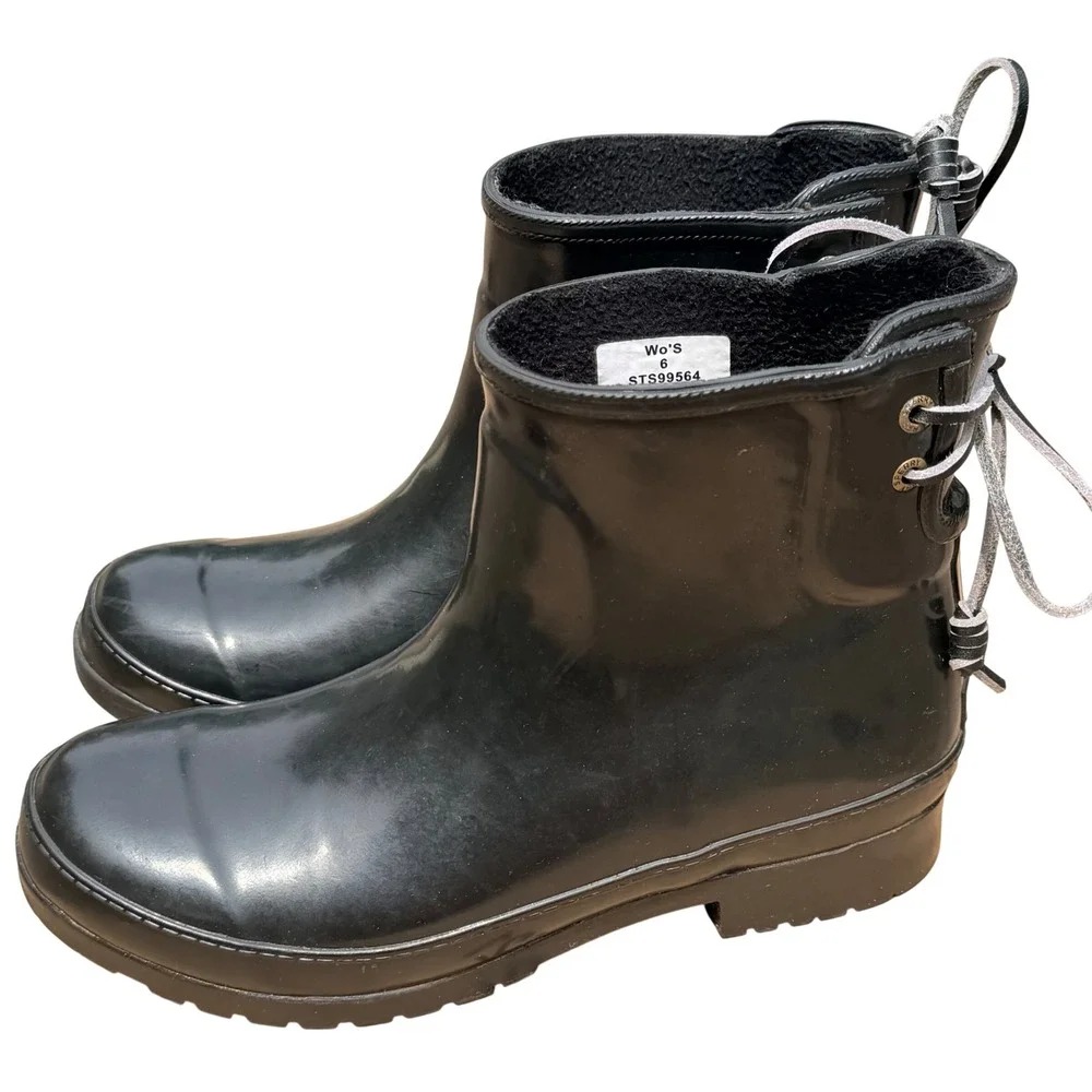 Sperry Rain Boot Womens 6 Black Rubber Saltwater Ankle Waterproof Lace Up